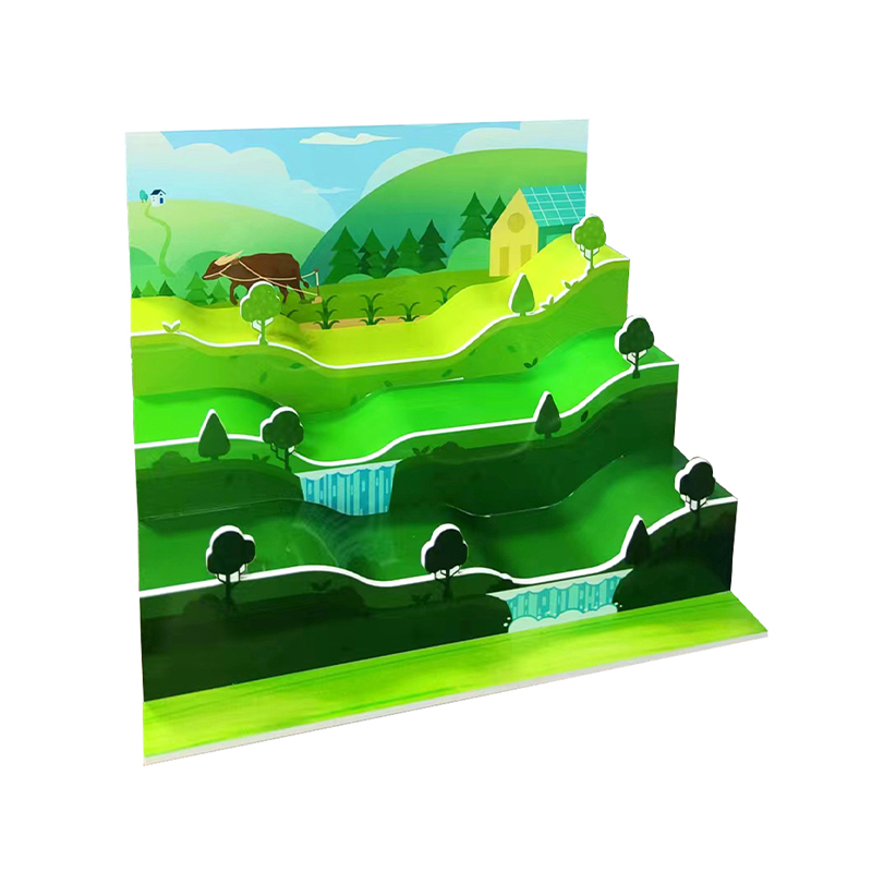 How can a herringbone-shaped 3D scene base create a multi-layered sense of space and enhance the visual impact of figure displays?